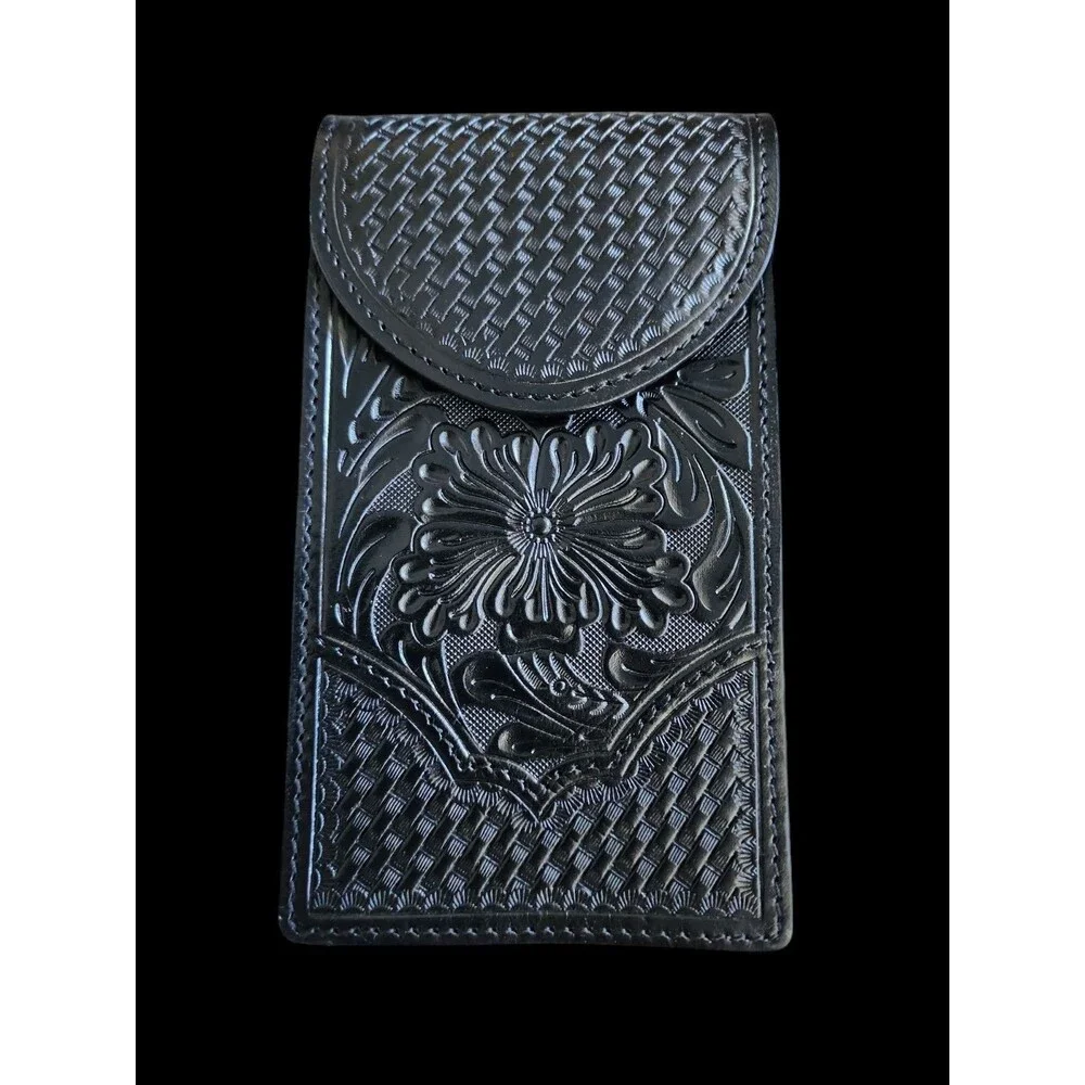 Ranger Belt Co Black Leather Phone Case Tooled Magnetic Closure Clip Vertical